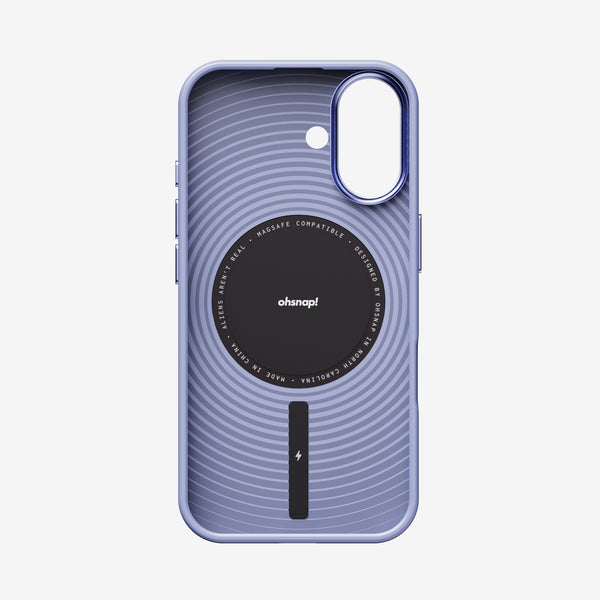 Purple phone case with circular design, MagSafe compatibility, and cutouts for camera and buttons.