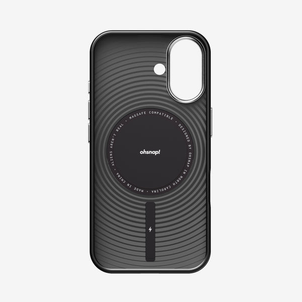 Black phone case with circular design, MagSafe compatible, featuring a logo and charging indicator.