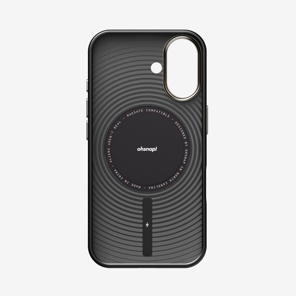 Black phone case with circular design, MagSafe compatibility, and cutouts for camera and buttons.