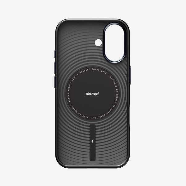 Black phone case with circular design, camera cutout, and MagSafe compatibility.