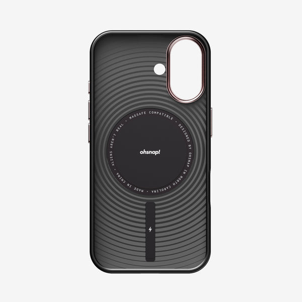 Black phone case with circular design, MagSafe compatibility, and cutouts for camera and buttons.