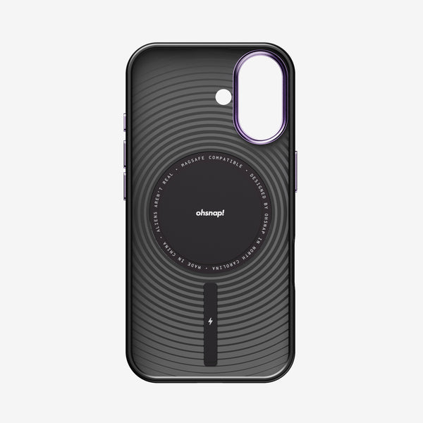 Black phone case with circular design, MagSafe compatible, featuring a central logo and side buttons.
