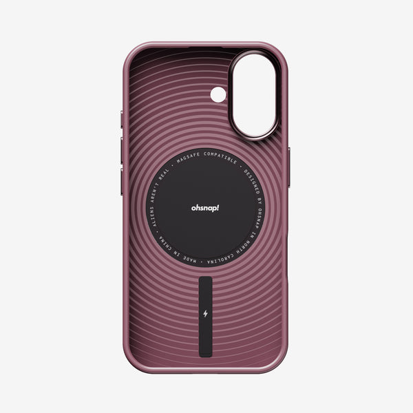 Purple phone case with circular design, MagSafe compatible, featuring a central logo and side buttons.