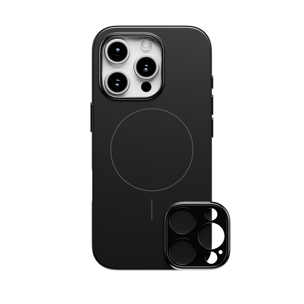 Black phone case designed for the 16 Series, featuring a circular MagSafe area and a separate camera lens protector.