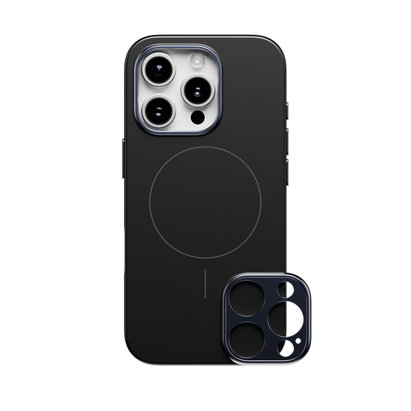 Black phone case with a circular MagSafe area and a detachable camera lens cover.