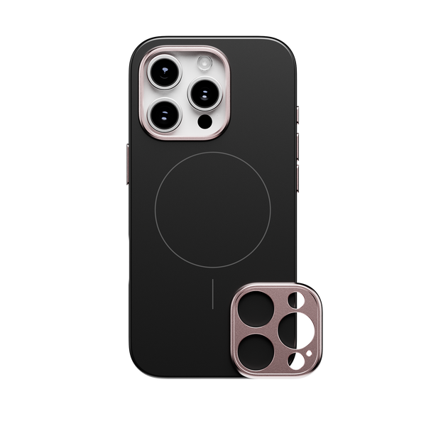 Black phone case with a circular MagSafe area and a matching camera lens cover in rose gold.
