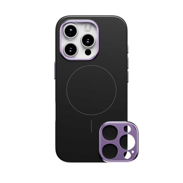 Black phone case with a purple camera lens cover, featuring a circular MagSafe area on the back.