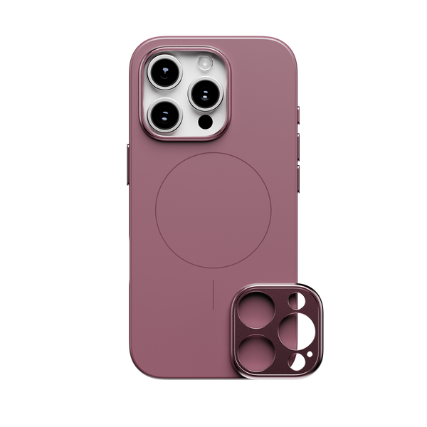 Purple snap case for a smartphone with a circular MagSafe area and a matching camera lens cover.