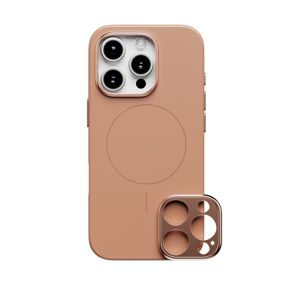 Snap case in a soft peach color with a circular design and a detachable camera lens cover.