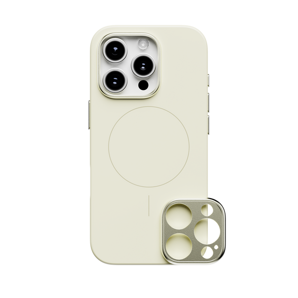 Light-colored phone case with a circular MagSafe area and a detachable camera lens cover.