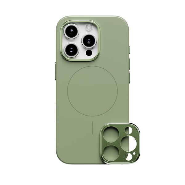 Green snap case for a smartphone with a circular charging area and a matching camera lens cover.