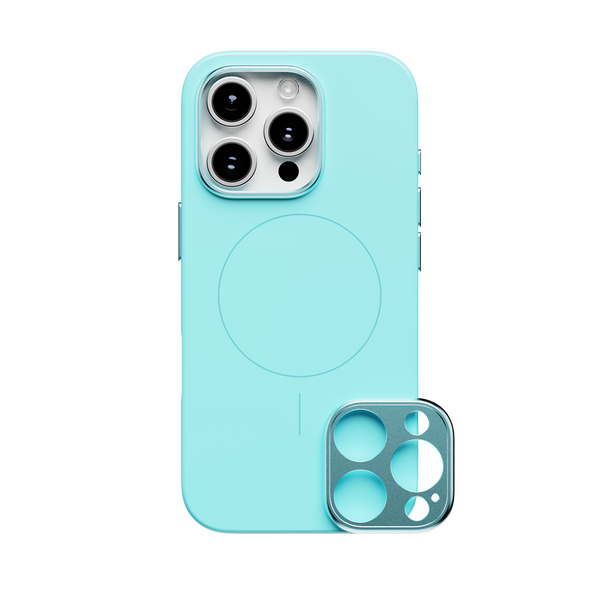 Light blue phone case with a circular MagSafe area and a detachable camera lens cover.