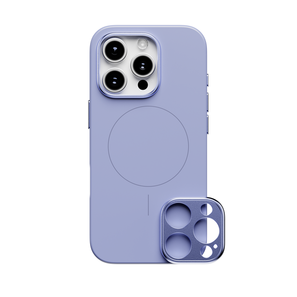 Purple phone case with a circular MagSafe area and a removable camera lens cover.