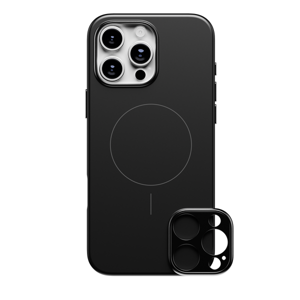 Black phone case with a circular design and a separate camera lens cover.