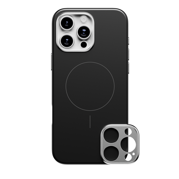 Black snap case for a smartphone with a circular design and a detachable camera lens cover.
