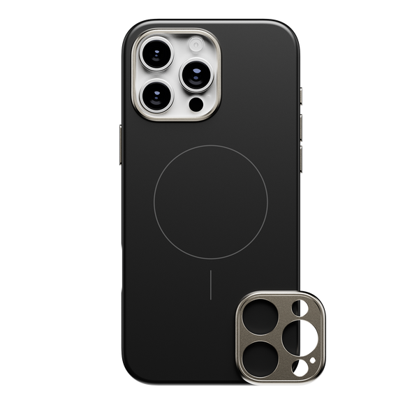 Black snap case for a smartphone with a circular MagSafe alignment and a detachable camera lens cover.