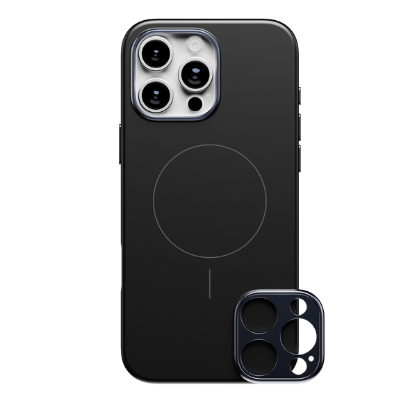 Black snap case for a smartphone with a circular MagSafe area and a detachable camera lens cover.