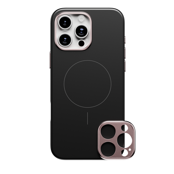Black snap case for a smartphone with a circular design and a separate camera lens cover.