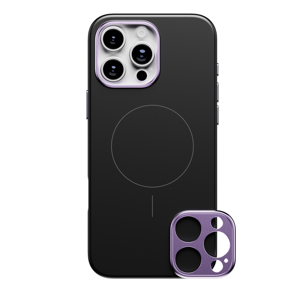 Black phone case with a circular design and a detachable purple camera lens cover.