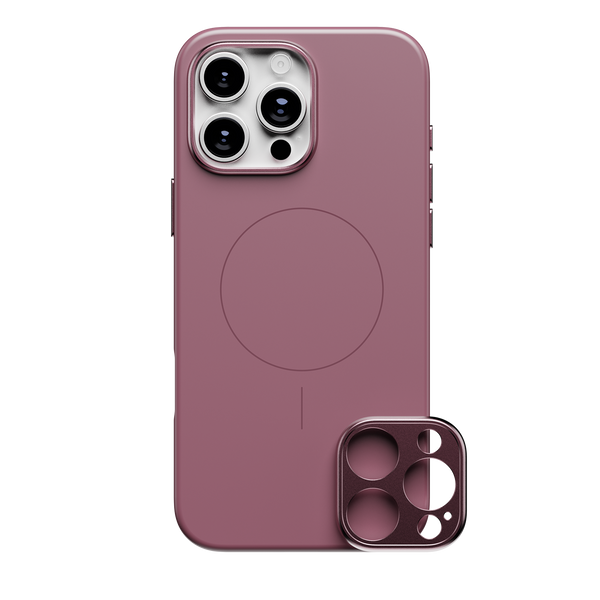 Purple phone case with a circular MagSafe area and a detachable camera lens cover.