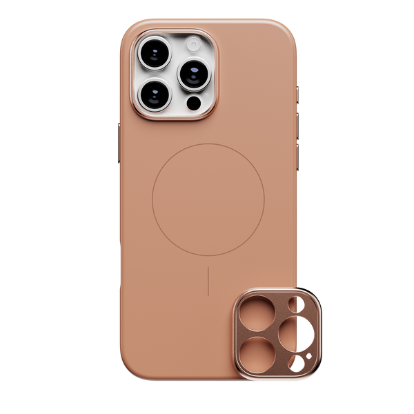 Light brown phone case with a circular MagSafe area and a separate camera lens cover.