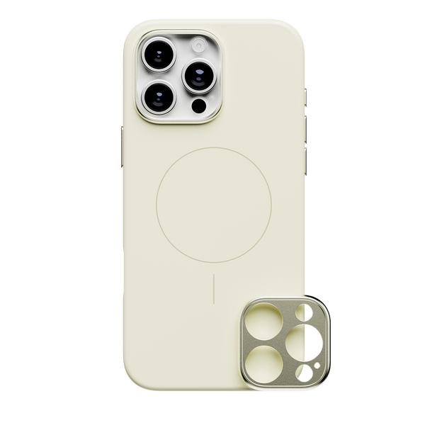 Light yellow phone case with a circular MagSafe area and a detachable camera lens cover.