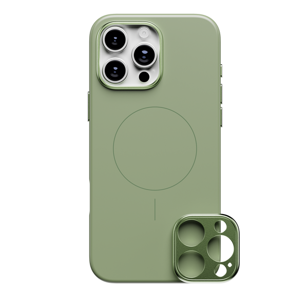 Green phone case with a circular MagSafe area and a detachable camera lens cover.