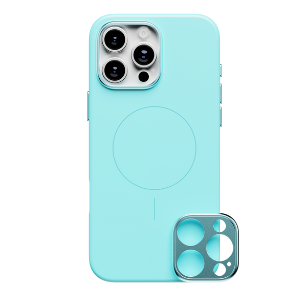 Light blue phone case with a circular MagSafe area and a removable camera lens cover.
