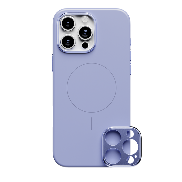 Purple phone case with a circular design and a detachable camera lens cover.