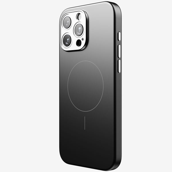Black snap case for a smartphone, featuring a circular design for magnetic accessories and side buttons.