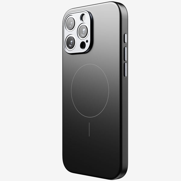 Black phone case with a circular MagSafe alignment mark and cutouts for camera and buttons.