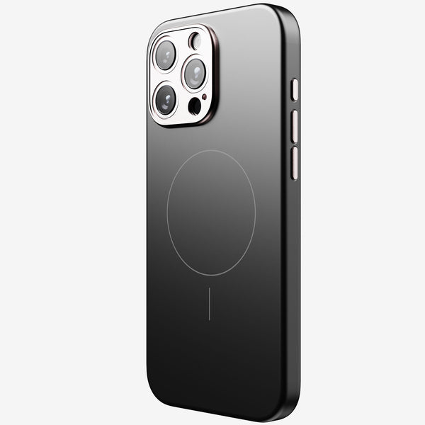 Black snap case for a smartphone with a circular design on the back and cutouts for camera and buttons.
