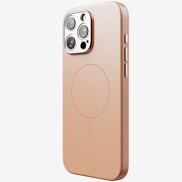 Rose gold phone case with cutouts for camera and buttons, featuring a circular MagSafe alignment on the back.