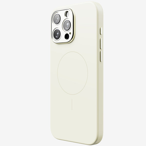 Light-colored phone case with cutouts for camera and buttons, featuring a circular design for magnetic accessories.
