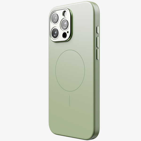 Green phone case with a circular MagSafe alignment and cutouts for camera and buttons.