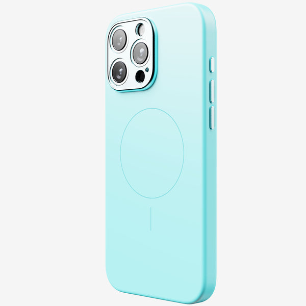 Light blue phone case with a circular magnetic charging area and cutouts for camera and buttons.