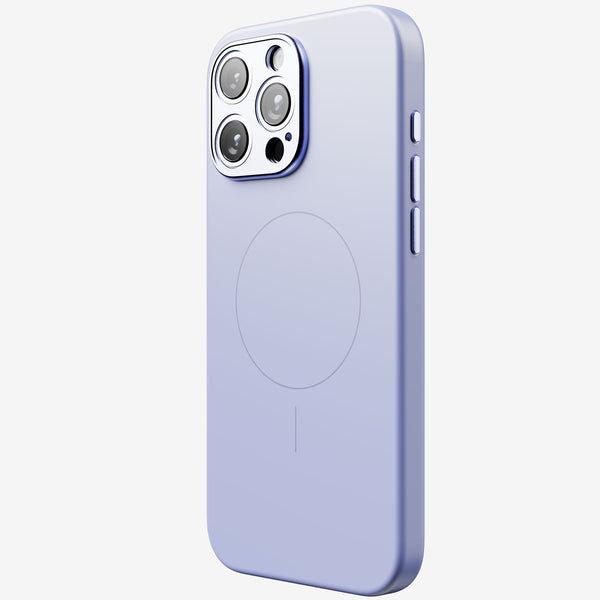 Light purple phone case with a circular MagSafe alignment area and cutouts for camera and buttons.