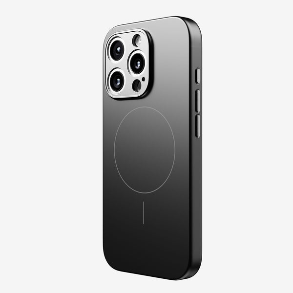 Black snap case for a smartphone, featuring a circular magnetic charging area and side buttons.