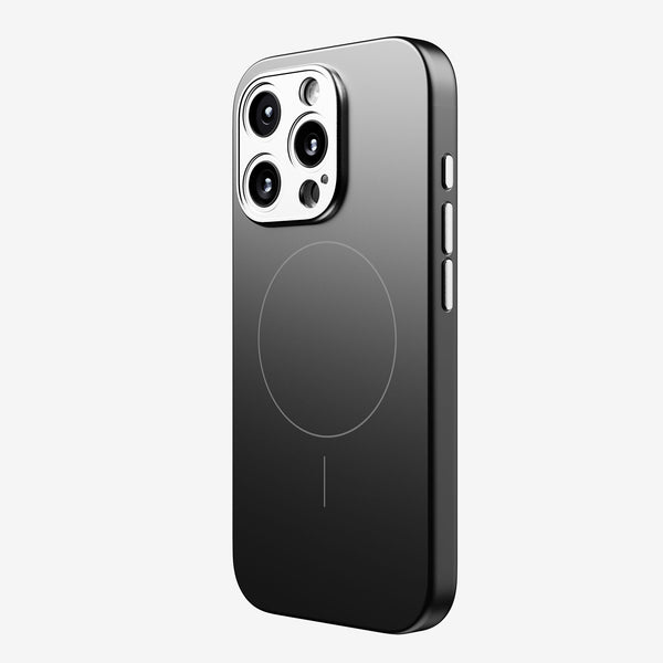 Black phone case with a circular MagSafe alignment feature and side buttons, designed for the 16 Series.