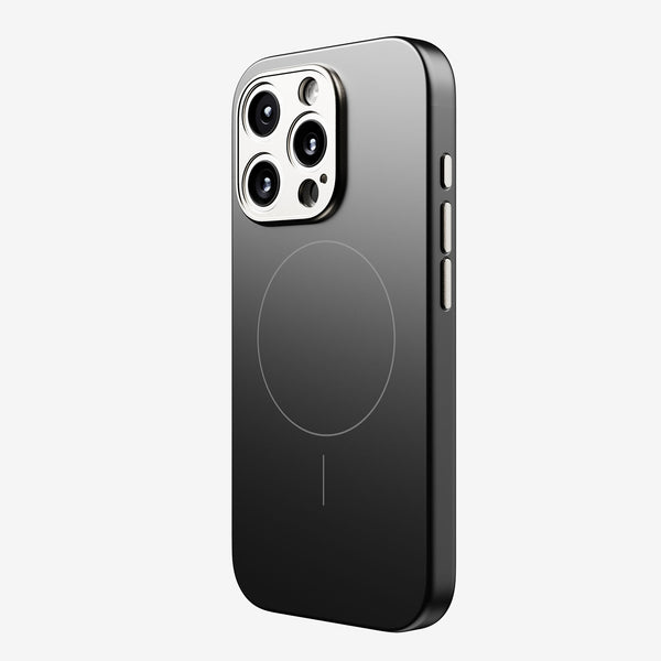 Black phone case with a circular MagSafe alignment and cutouts for camera and buttons.