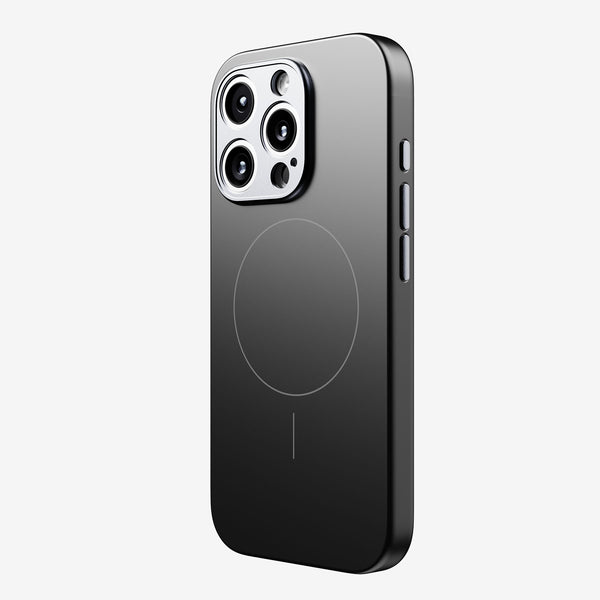 Black snap case for a smartphone, featuring a circular design for magnetic accessories and cutouts for camera and buttons.