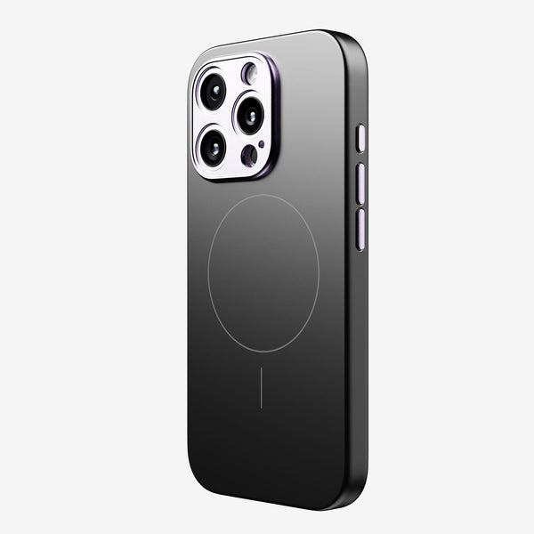 Black phone case with a circular design on the back, compatible with MagSafe accessories.