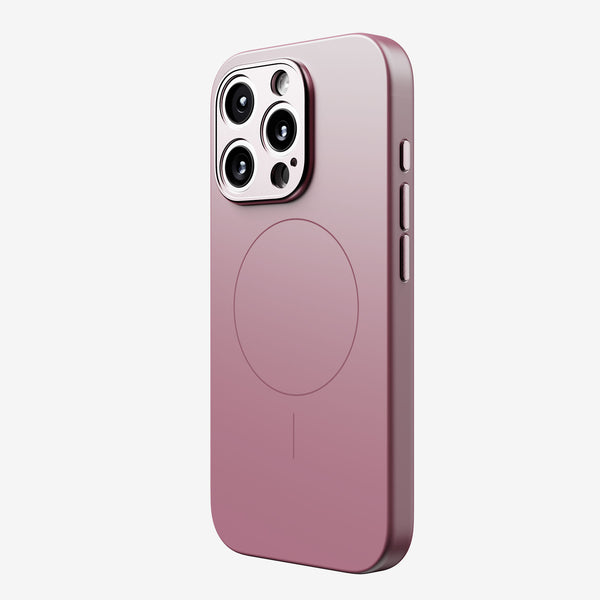 Slim pink phone case with a circular MagSafe alignment and cutouts for camera and buttons.
