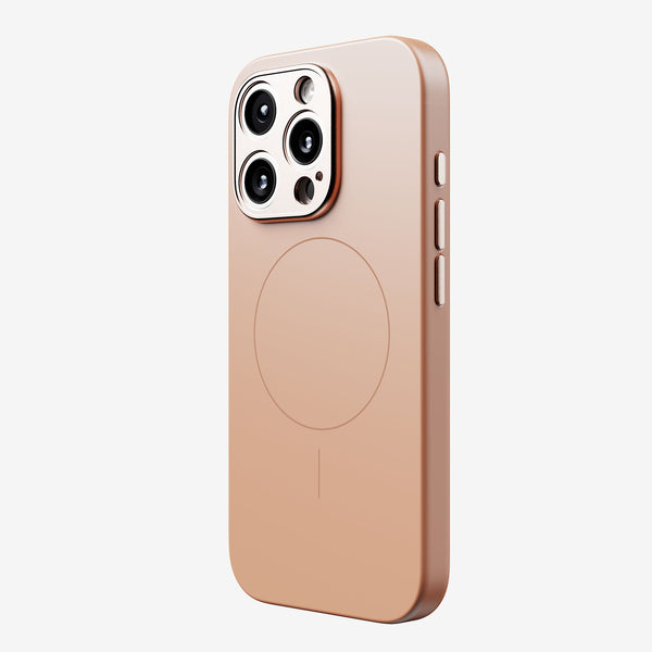 Slim, rose gold phone case with cutouts for camera and buttons, featuring a circular magnetic charging area on the back.