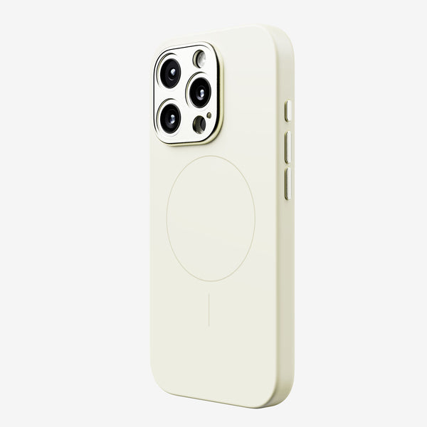 Light-colored phone case designed for the 16 Series, featuring a circular magnetic area and side buttons.