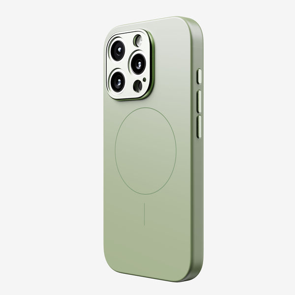 Green phone case with cutouts for camera and buttons, featuring a circular MagSafe alignment on the back.