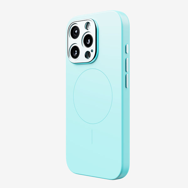 Light blue phone case with cutouts for camera and buttons, featuring a circular design for magnetic accessories.