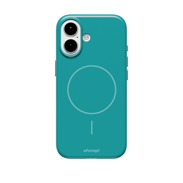 Teal phone case with a circular design and cutouts for camera lenses, featuring the brand name 