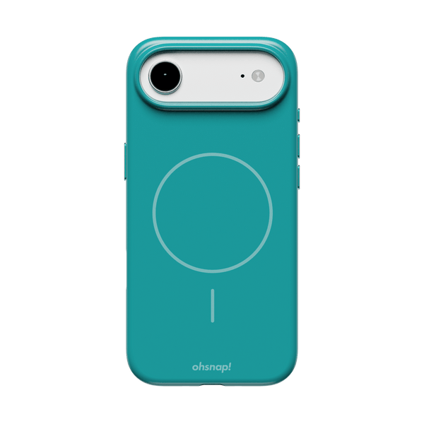 Teal phone case with a circular design and cutouts for camera and buttons.