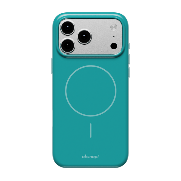 Teal phone case with a circular design and cutouts for camera lenses and buttons.